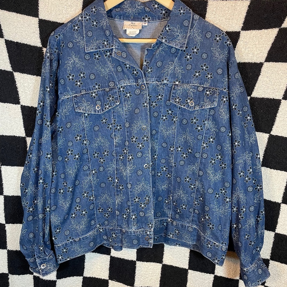 Vintage Denim Snap Button Floral Long Sleeve Medium Hot Cotton